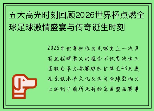 五大高光时刻回顾2026世界杯点燃全球足球激情盛宴与传奇诞生时刻